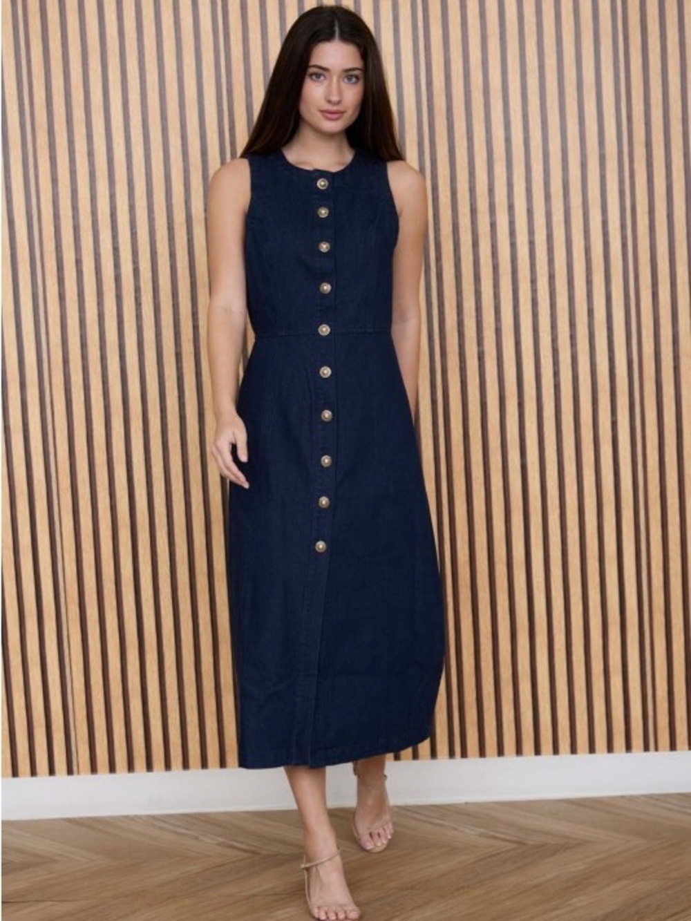 Denim Sleeveless Button-Front Midi Dress NWT